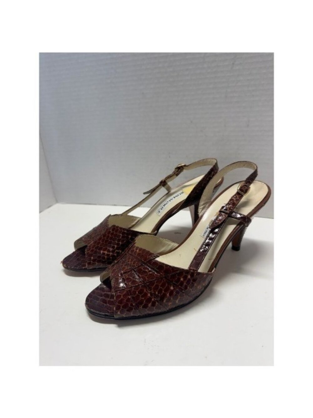 Romagnole Vintage Brown Snakeskin Peep Toe Slingback Heels Made in Italy 38 7.5